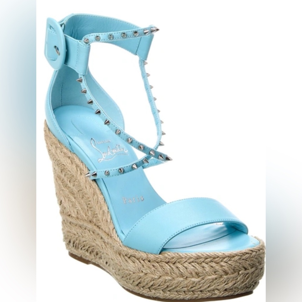 Christian Louboutin Chocazeppa Spikes 120 Leather Wedge Sandal In Tiffany blue